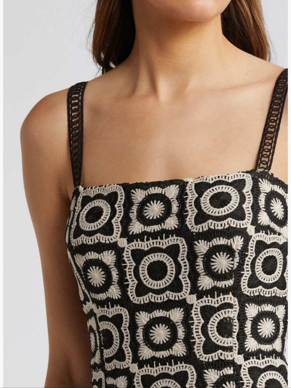 Saylor Anthropologie Risette Crochet Mini Cream Black Granny Square S Dress Boho - Picture 4 of 9